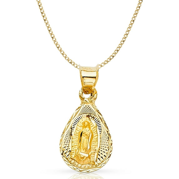 14K Yellow Gold Diamond Cut Our Lady of Guadalupe Stamp Charm Pendant with 2mm Hollow Cuban Bevel Chain Necklace - 22"