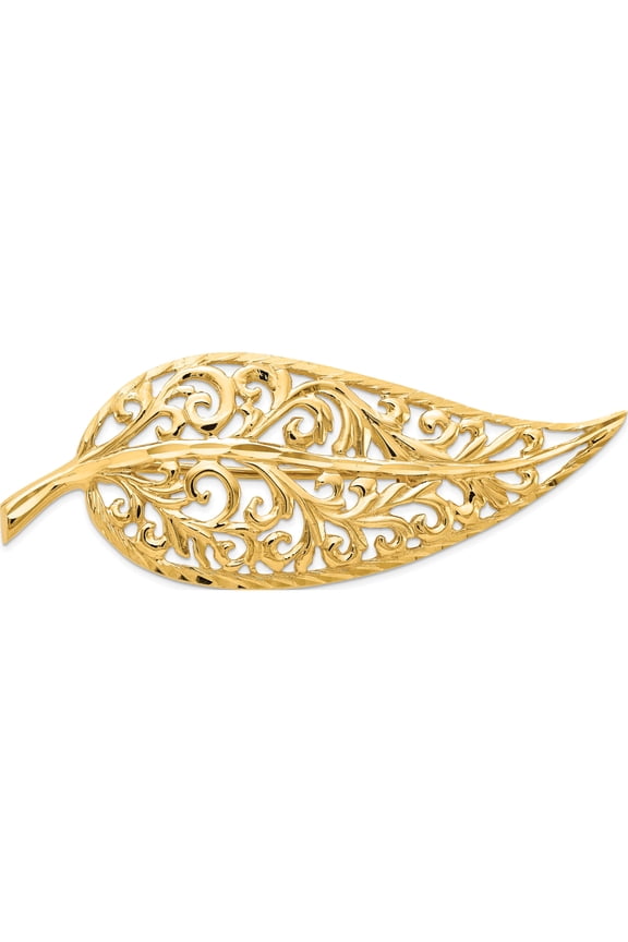 14K Yellow Gold Diamond-Cut Polished Filigree Leaf Pin (43.25 X 15.6) Made In United States pin172