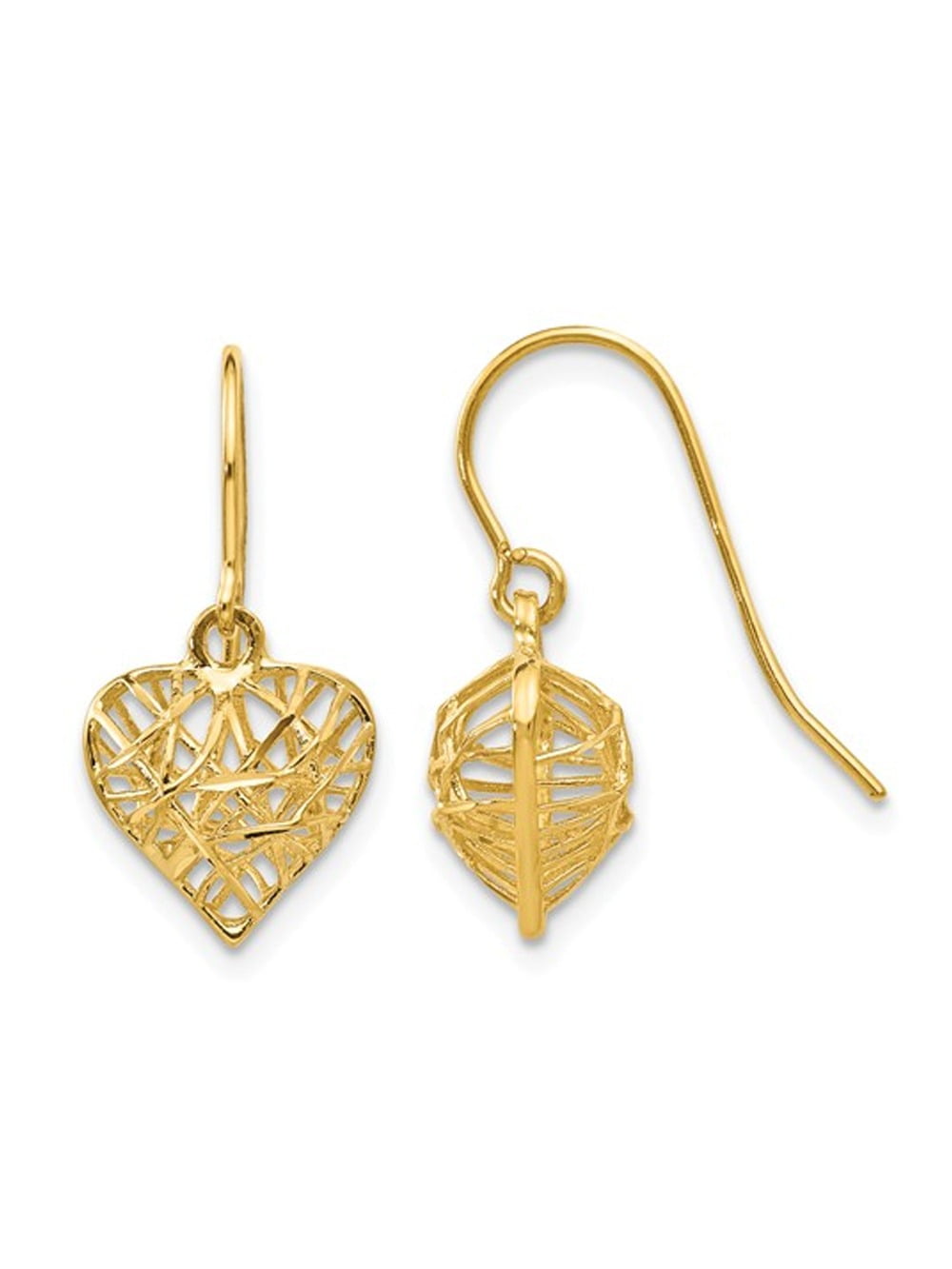 14K Yellow Gold Puffed Heart Fish Hook Earrings