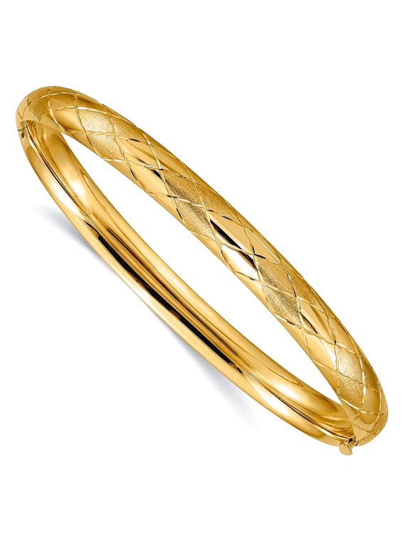 14k Yellow Gold Satin Hollow Polished Fold-over Safety clasp 6.5mm Sparkle-Cut Fancy Hinged Bangle Bracelet Cuff Bracele