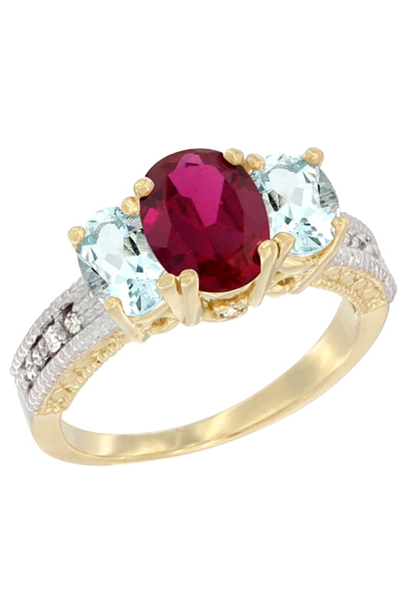 14K Yellow Gold Diamond HQ Ruby Ring Oval 3-stone with Aquamarine, size 9