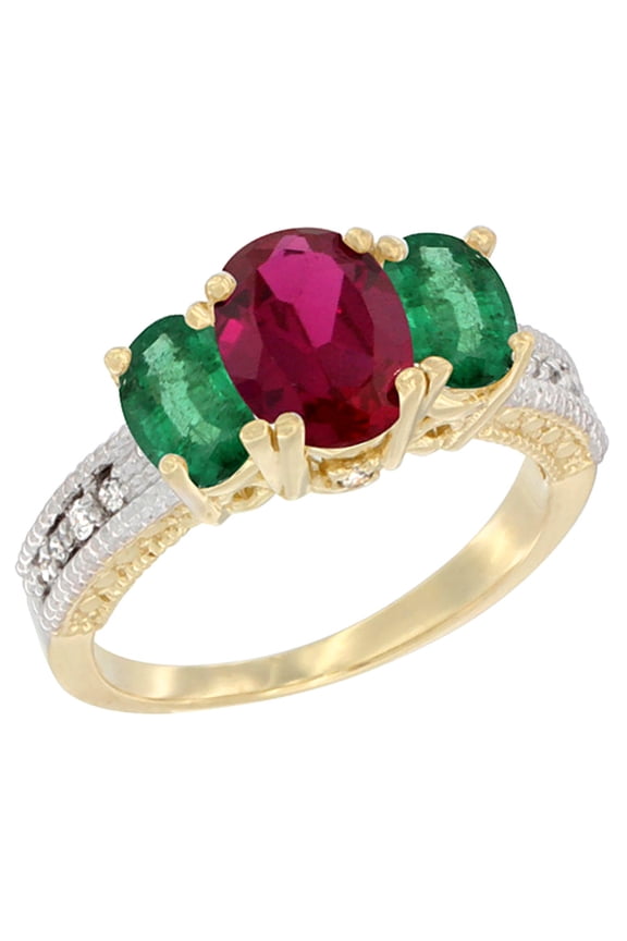 14K Yellow Gold Diamond HQ Ruby Ring Oval 3-stone with Emerald, size 9