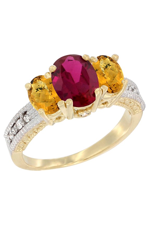 14K Yellow Gold Diamond HQ Ruby Ring Oval 3-stone with Whisky Quartz, size 9.5