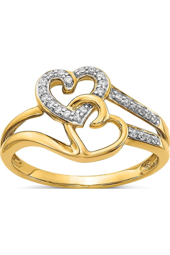 14K Yellow Gold 1/10 carat Diamond Two Intertwined Hearts Ring