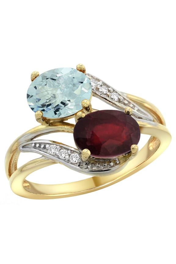 14K Yellow Gold Diamond Natural Aquamarine & Quality Ruby 2-stone Mothers Ring Oval 8x6mm, size 9.5