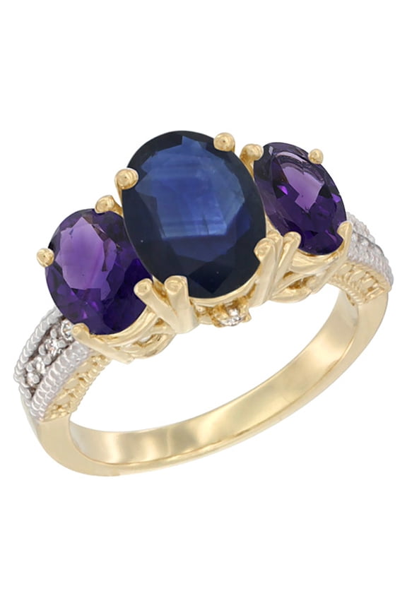 14K Yellow Gold Diamond Natural Blue Sapphire Ring 3-Stone Oval 8x6mm with Amethyst, size 9