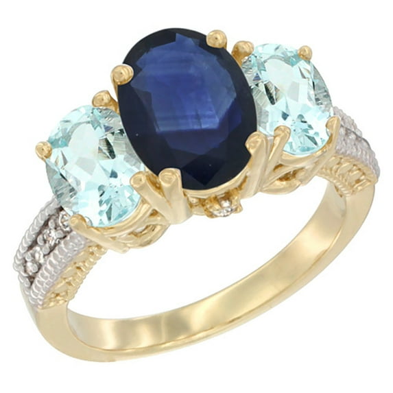 14K Yellow Gold Diamond Natural Blue Sapphire Ring 3-Stone Oval 8x6mm with Aquamarine, size 6.5