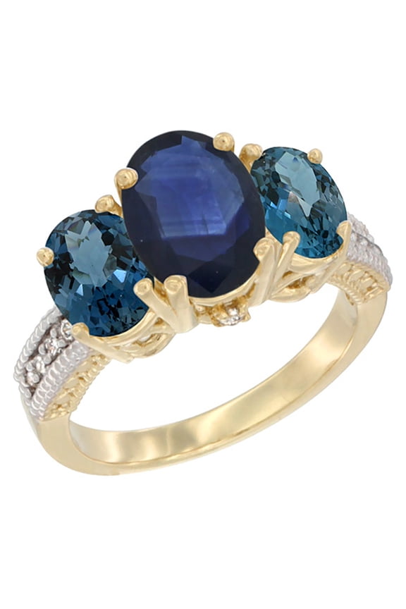 14K Yellow Gold Diamond Natural Blue Sapphire Ring 3-Stone Oval 8x6mm with London Blue Topaz, size 6