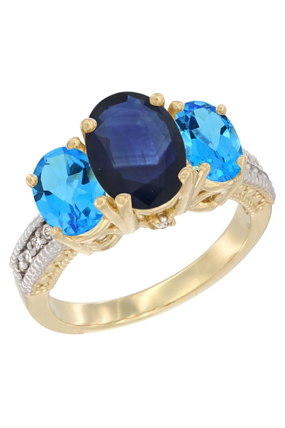 14K Yellow Gold Diamond Natural Blue Sapphire Ring 3-Stone Oval 8x6mm with Swiss Blue Topaz, size 9