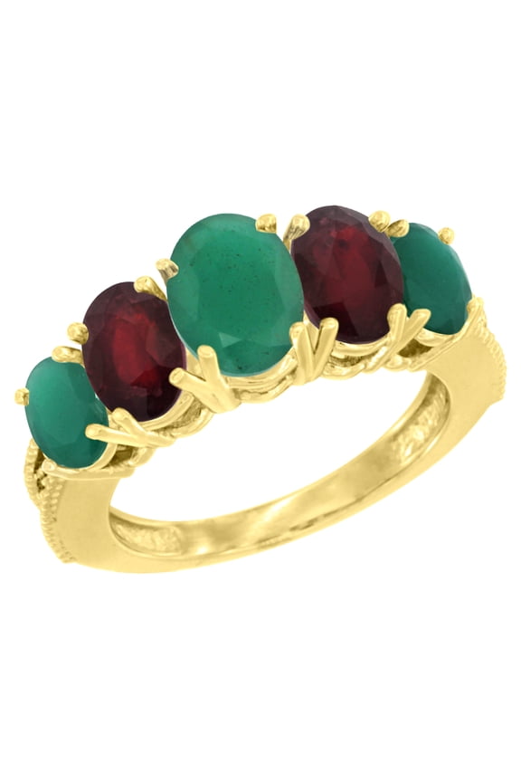 14K Yellow Gold Diamond Natural Emerald,Enhanced Genuine Ruby Ring 5-stone Oval 8x6 Ctr,7x5,6x4 sides, size 6
