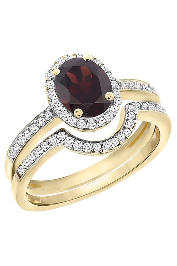 14K Yellow Gold Diamond Natural Garnet 2-Pc. Engagement Ring Set Oval 8x6 mm, size 9.5