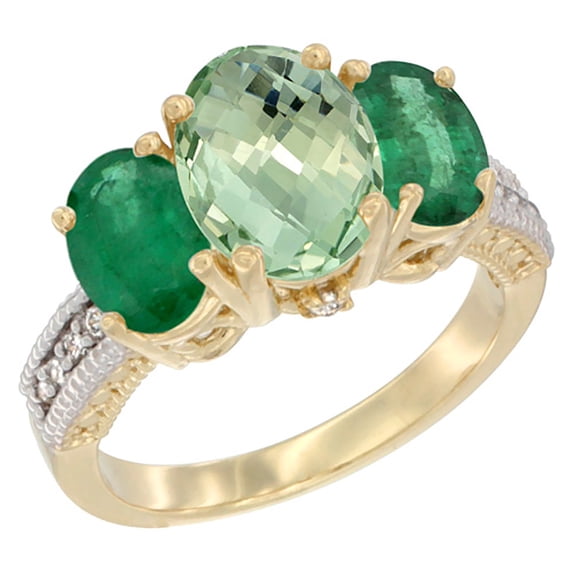 14K Yellow Gold Diamond Natural Green Amethyst Ring 3-Stone Oval 8x6mm with Emerald, size 10