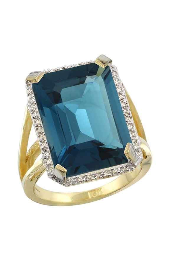14K Yellow Gold Diamond Natural London Blue Topaz Ring Emerald-cut 18x13mm, size 6.5