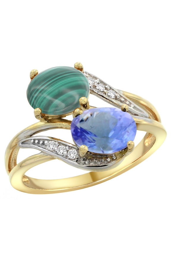 14K Yellow Gold Diamond Natural Malachite & Tanzanite 2-stone Ring Oval 8x6mm, size 7