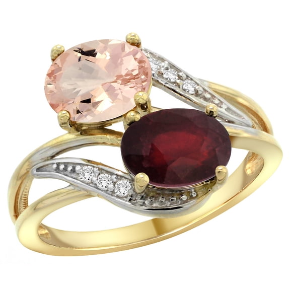 14K Yellow Gold Diamond Natural Morganite & Quality Ruby 2-stone Mothers Ring Oval 8x6mm, size 9