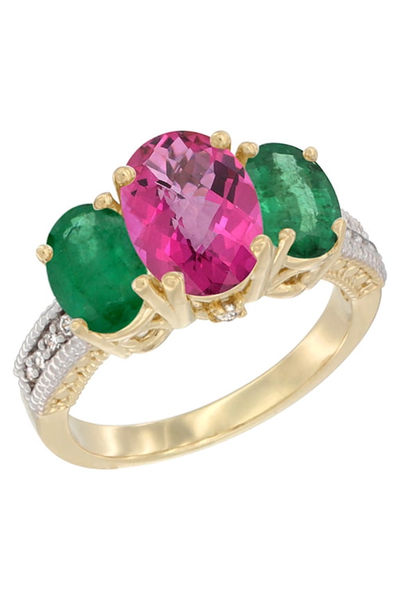 14K Yellow Gold Diamond Natural Pink Topaz Ring 3-Stone Oval 8x6mm with Emerald, size 9
