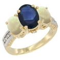 thumbnail image 1 of 14K Yellow Gold Diamond Natural Quality Blue Sapphire 3-stone Mothers Ring Oval 8x6mm with Opal, size 9, 1 of 4