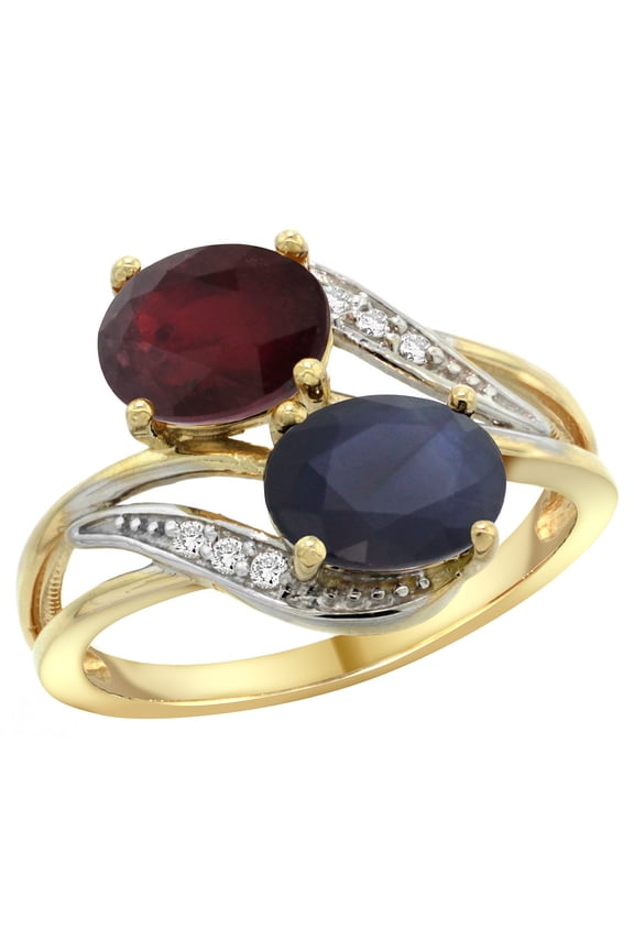 14K Yellow Gold Diamond Natural Quality Ruby & Blue Sapphire 2-stone Mothers Ring Oval 8x6mm, size 5