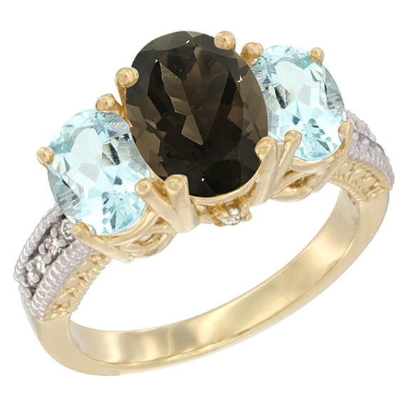 14K Yellow Gold Diamond Natural Smoky Topaz Ring 3-Stone Oval 8x6mm with Aquamarine, size 9.5