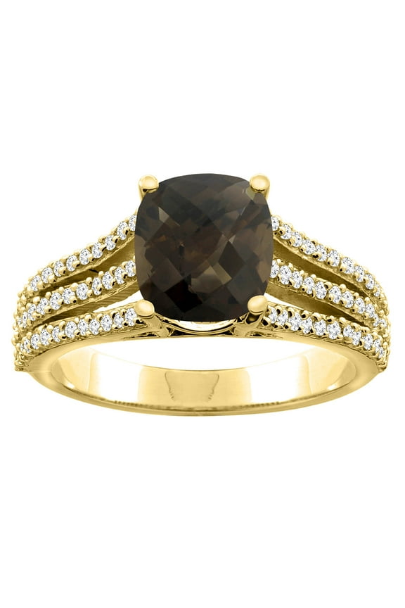 14K Yellow Gold Diamond Natural Smoky Topaz Tri-split Ring Cushion-cut 8x6mm, size 8.5
