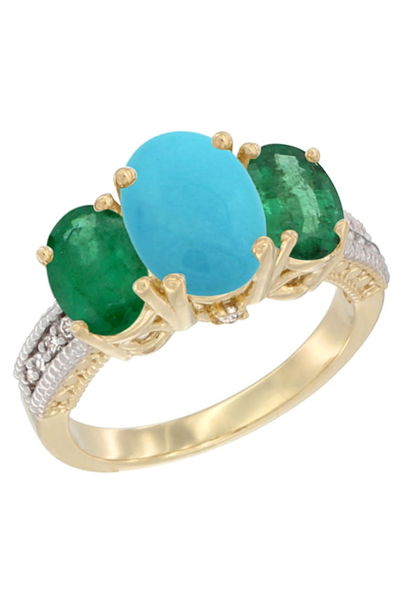 14K Yellow Gold Diamond Natural Turquoise Ring 3-Stone Oval 8x6mm with Emerald, size 9