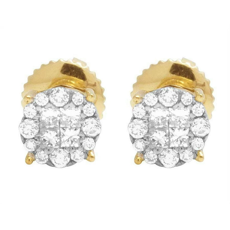 14K Yellow Gold Diamond Princess Quad Round Stud Earring