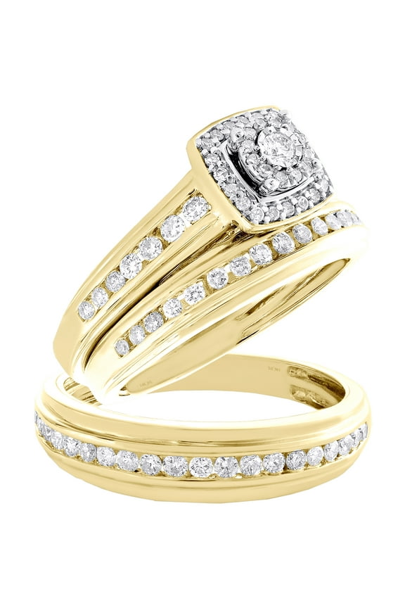 14K Yellow Gold Diamond Trio Set Tiered Halo Bridal Rings + Wedding Band 0.87 Ct