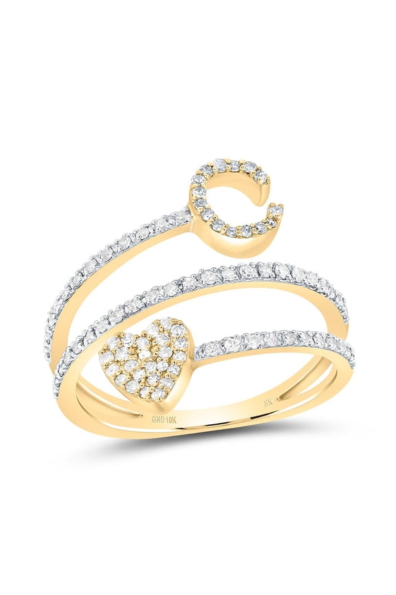 14K Yellow Gold Diamond Women's Block Letter C Initial & Heart Wrap Ring 3/8 CT