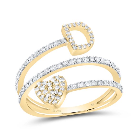 14K Yellow Gold Diamond Women's Block Letter D Initial & Heart Wrap Ring 3/8 CT