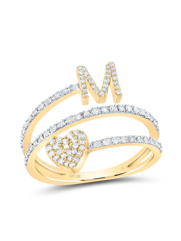 14K Yellow Gold Diamond Women's Block Letter M Initial & Heart Wrap Ring 3/8 CT