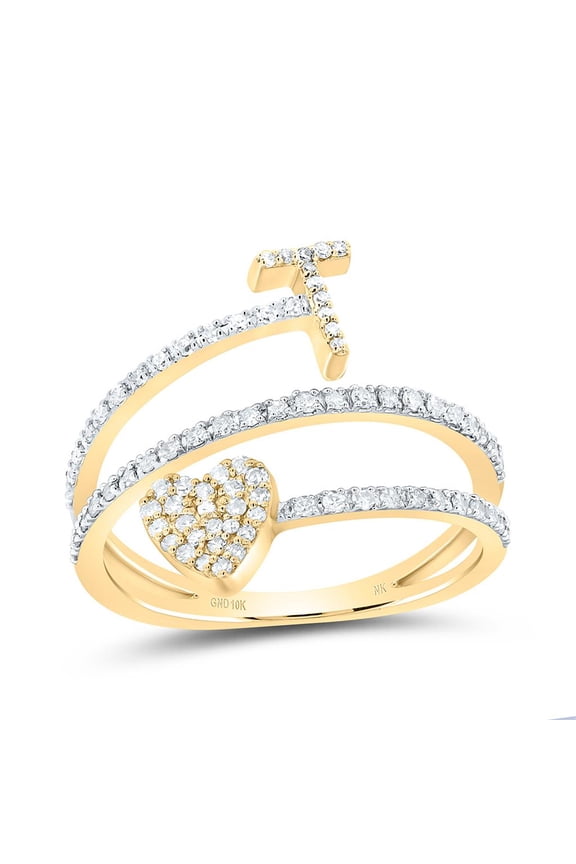 14K Yellow Gold Diamond Women's Block Letter T Initial & Heart Wrap Ring 3/8 CT