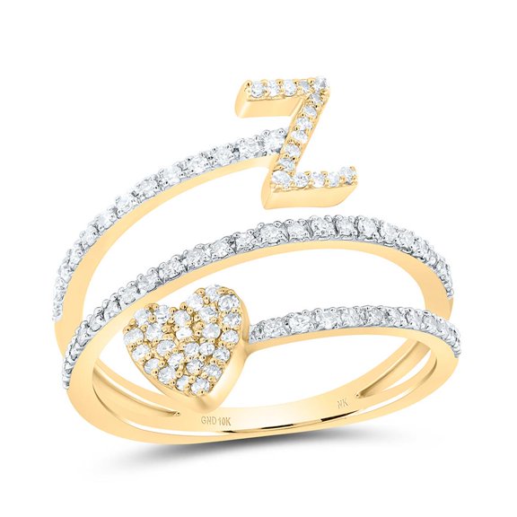 14K Yellow Gold Diamond Women's Block Letter Z Initial & Heart Wrap Ring 3/8 CT