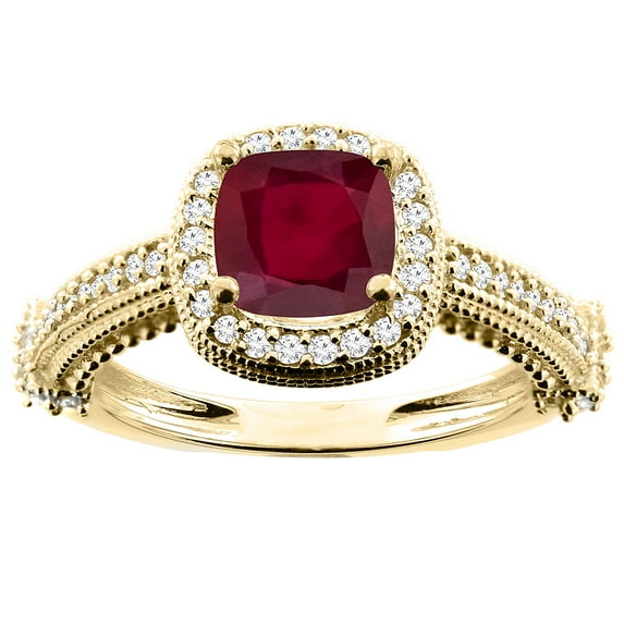 14K Yellow Gold Diamond and Enhanced Genuine Ruby Ring Cushion-cut 7x7mm, size 5.5