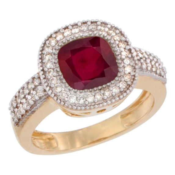 14K Yellow Gold Diamond and Enhanced Genuine Ruby Ring Cushion-cut 7x7mm, size 5