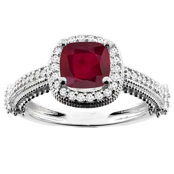 14K Yellow Gold Diamond and Enhanced Genuine Ruby Ring Cushion-cut 7x7mm, size 6.5
