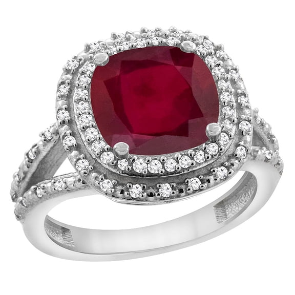 14K Yellow Gold Diamond and Enhanced Genuine Ruby Ring Cushion-cut 8x8 mm, size 8