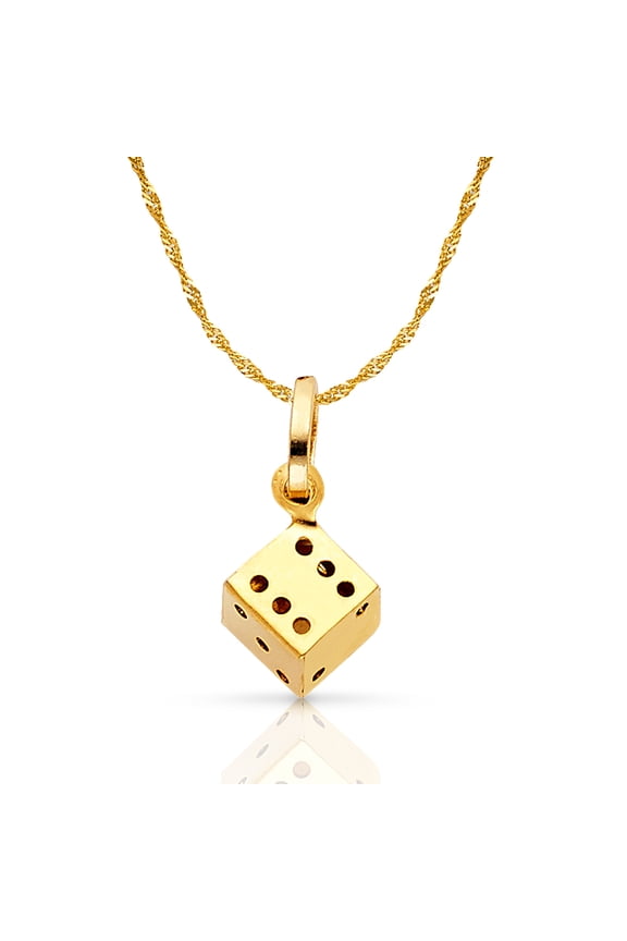 14K Yellow Gold Dice Charm Pendant with 0.9mm Singapore Chain Necklace - 16"