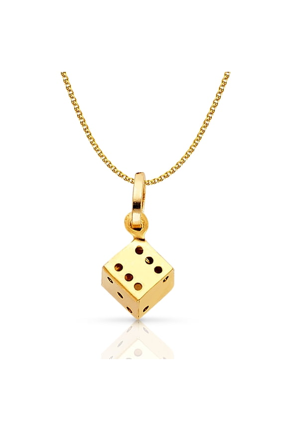 14K Yellow Gold Dice Charm Pendant with 1.2mm Flat Open Wheat Chain Necklace - 22"