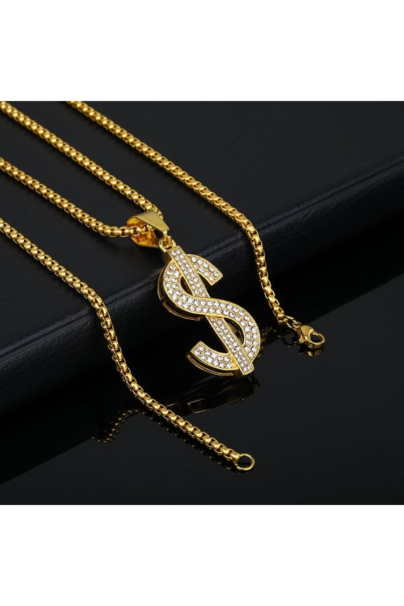 14K Yellow Gold Dollar Sign 14K Yellow Gold Necklaces for Men with Cuban Chain,Hip Hop Money Dollar Pendant Collar Party Jewelry