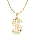 thumbnail image 1 of 14K Yellow Gold Dollar Sign Charm Pendant with 2mm Flat Open Wheat Chain Necklace, 1 of 4