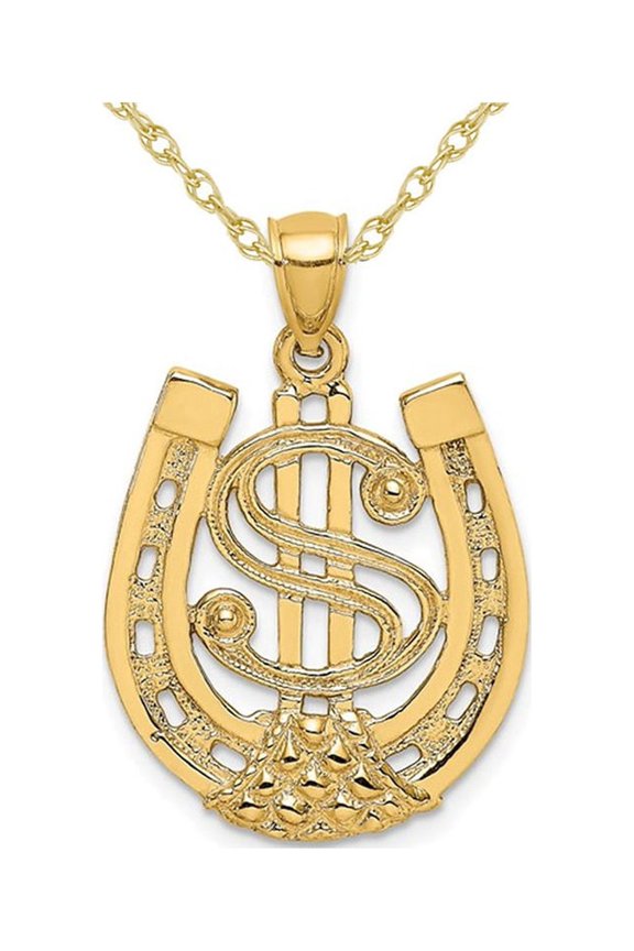 14K Yellow Gold Dollar Sign In Horseshoe Charm Pendant Necklace with Chain for Men