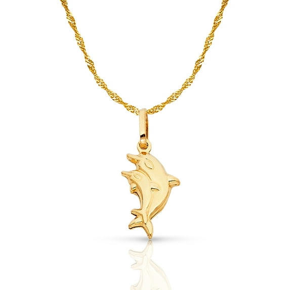 14K Yellow Gold Double Dolphin Prosperity Charm Pendant with 1.2mm Singapore Chain Necklace