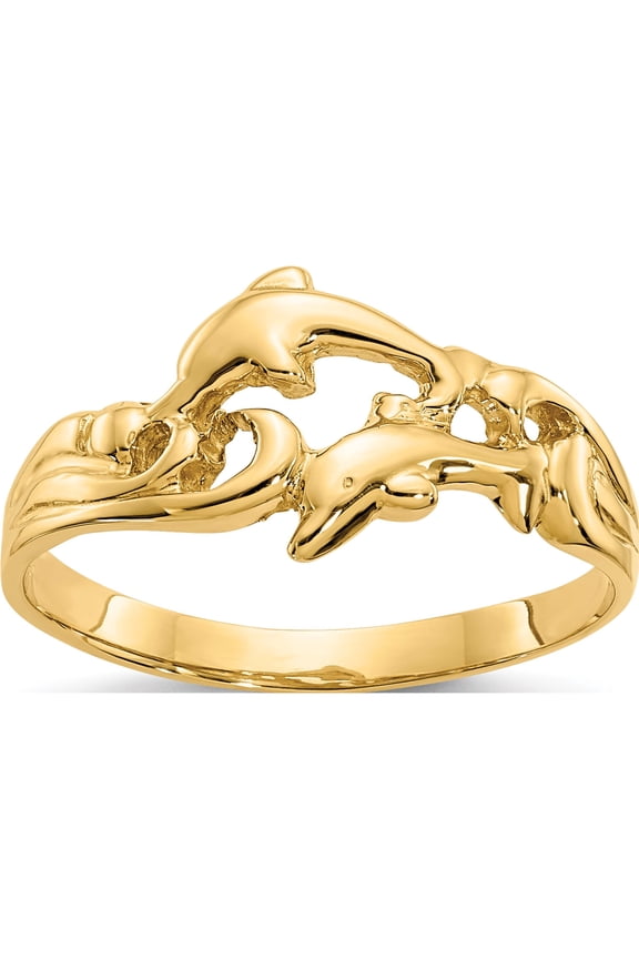 14K Yellow Gold Double Dolphins with Waves Ring