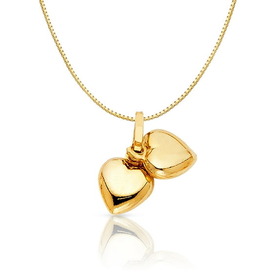 14K Yellow Gold Double Plain Heart Charm Pendant with 0.6mm Box Chain Necklace - 16"