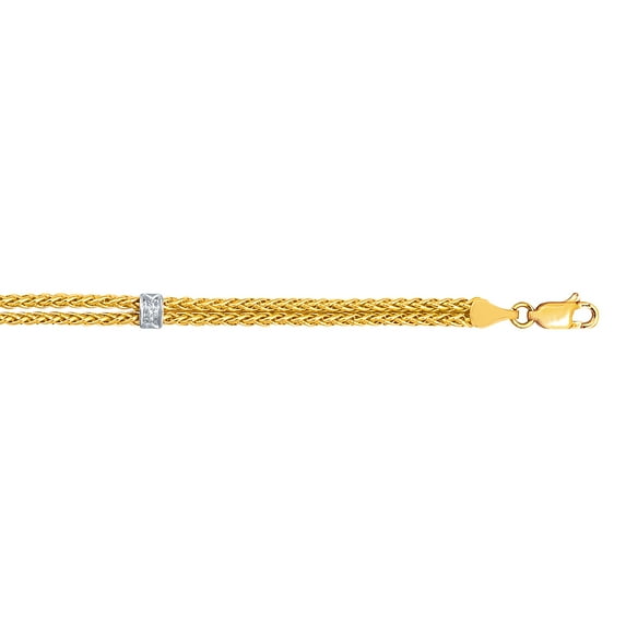 14K Yellow Gold Double Strand Round Wheat Chain Bracelet 0.03ct Diamonds 7.25" by IcedTime