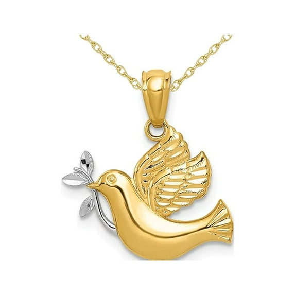 14K Yellow Gold Dove and Olive Branch Charm Pendant Necklace with Chain for Women