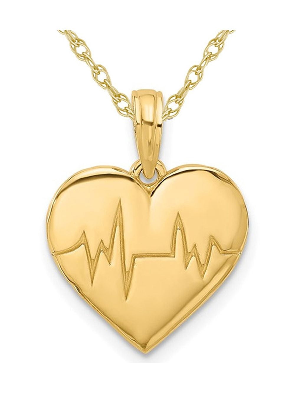 14K Yellow Gold EKG Heart Charm Pendant Necklace with Chain