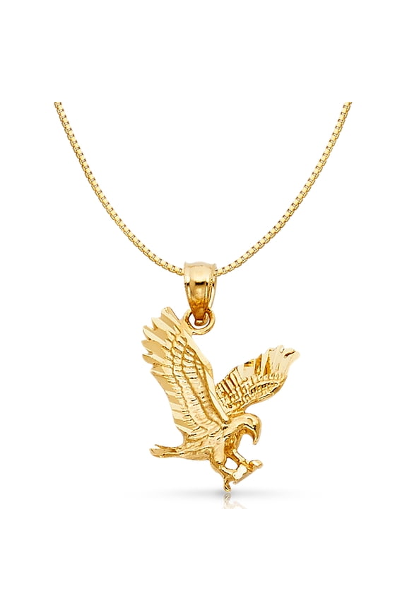 14K Yellow Gold Eagle Charm Pendant with 0.8mm Box Chain Necklace - 22"