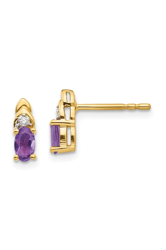 14K Yellow Gold Earring Birthstone (02) February Women'S Amethyst Oval Purple Diamond Round 9 mm 4