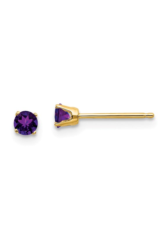 14K Yellow Gold Earring Birthstone (02) February Women'S Amethyst Round Purple 3 mm